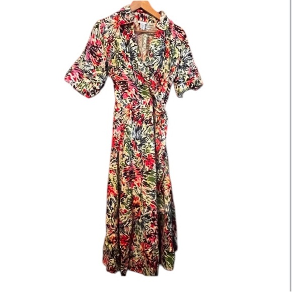 Vtg JG HOOK Dress 100% Linen Faux Wrap Belted Red Multicolor Sz 8P Floral Classy - Picture 4 of 11